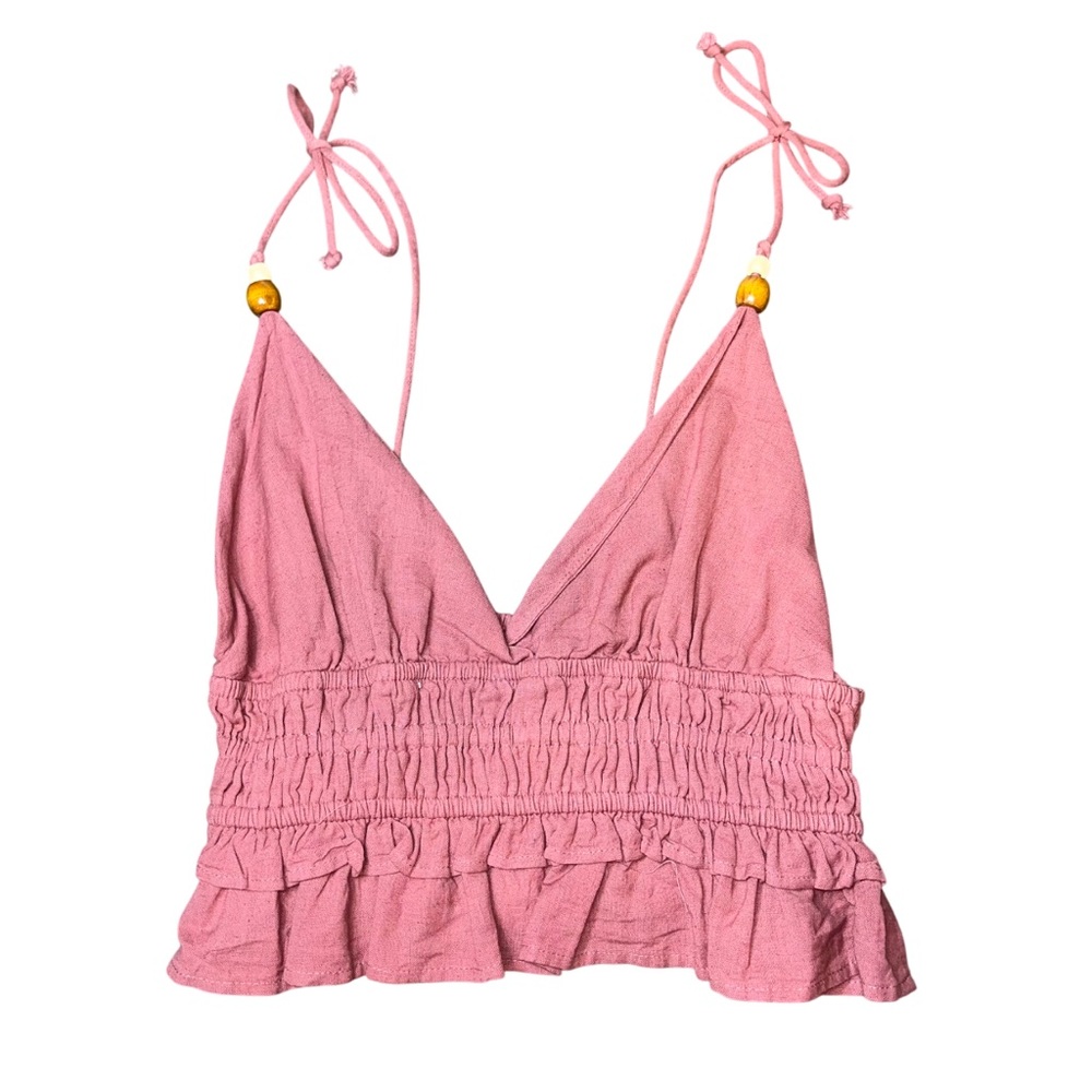 Sim & Sam Pink Mauve Tie Tank Top Ruffle Stretch Crop NWT Medium Boho Linen